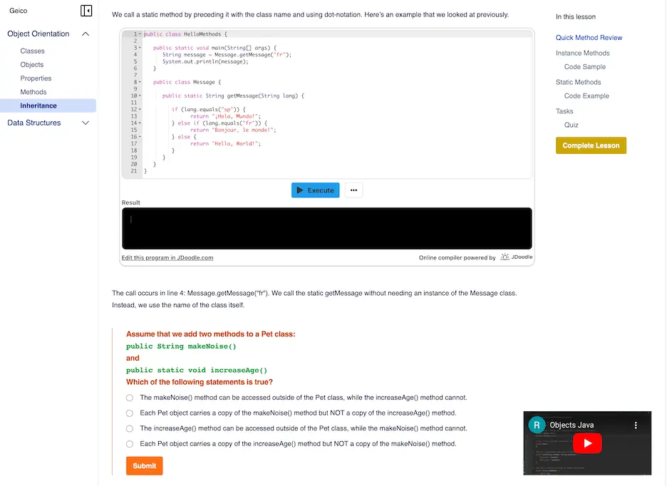Integrated Code Editor & Lesson Interface